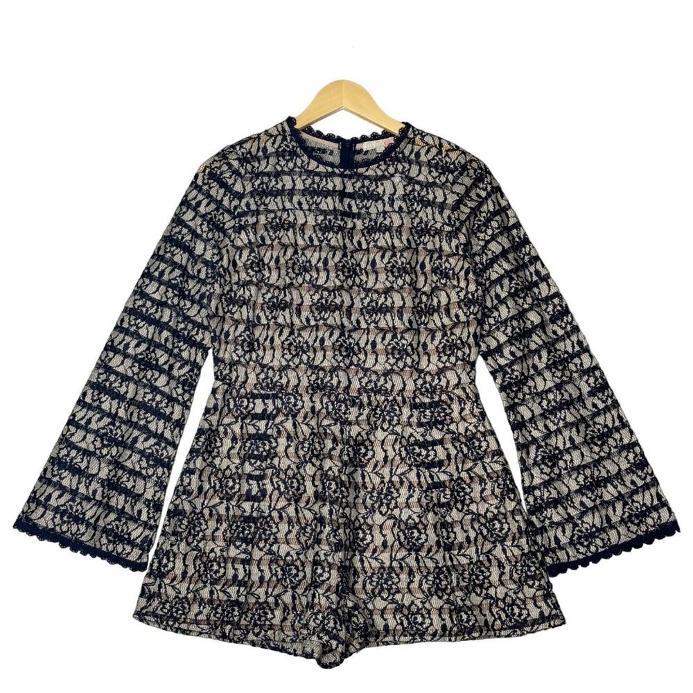 GB Gianni Bini Ivory Blue Navy Lace Long Bell Sleeve Romper Size L NEW!